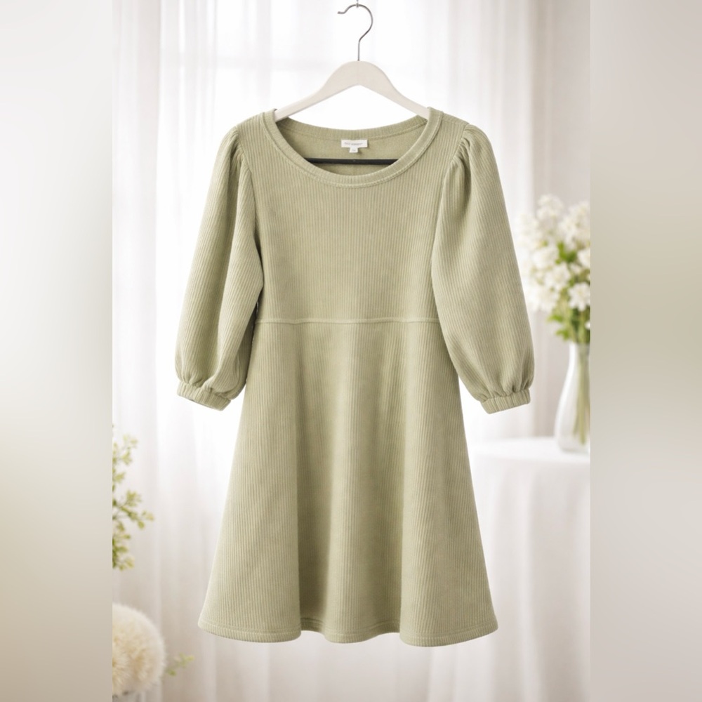 Blu Pepper Sage Green Knit Scoop Neck Mini Dress Bubble Sleeve Size Large
